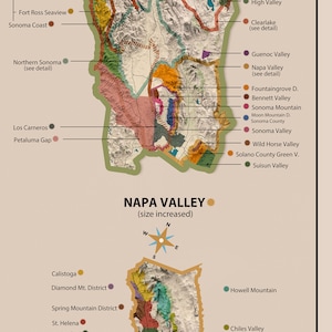 Carte des régions viticoles de Californie, régions viticoles américaines, carte détaillée, montrant toutes les régions viticoles de Californie, superbe décoration de bar/cave image 5