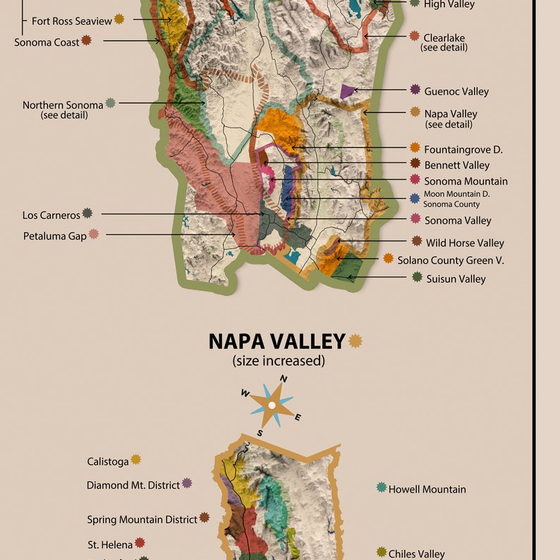 Carte des régions viticoles de Californie, régions viticoles américaines, carte détaillée, montrant toutes les régions viticoles de Californie, superbe décoration de bar/cave image 5