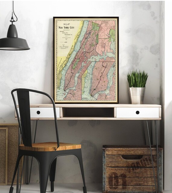 New York City map - Large map of New York City  -  Large wall map  - Old map of NYC available on paper or canvas