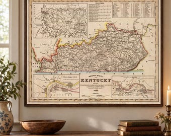 May include: A framed 1845 map of Kentucky featuring detailed topography, regional borders, and inset maps of the Ohio Falls and surrounding areas. The map includes German text, a scale legend, and geographical labels printed on aged paper.