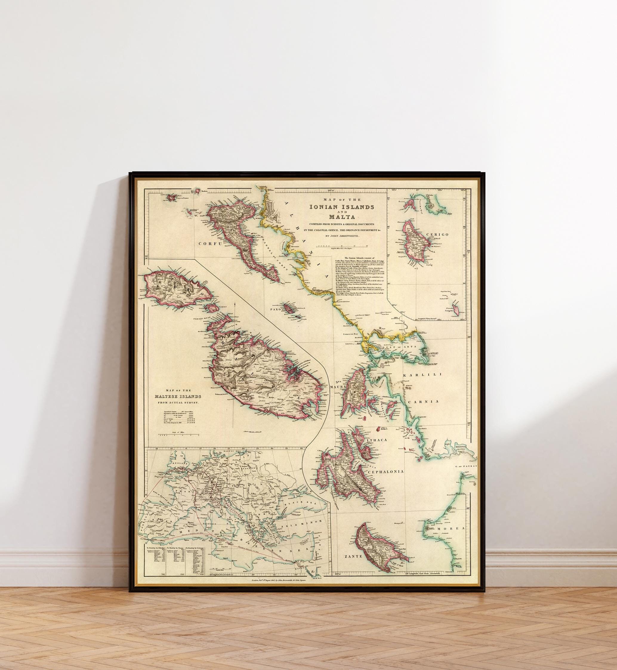 Malta map, old map of Ionian Islands, historical map print, vintage map decor