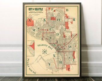Seattle map, vintage map of Seattle  (Washington). restoration style decor, wall map reprodution
