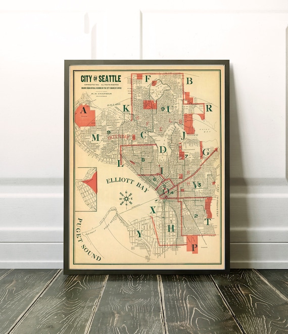 Seattle map, vintage map of Seattle  (Washington). restoration style decor, wall map reprodution