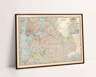 Map of Brooklyn, vintage map restored, wall map art decor, restoration style