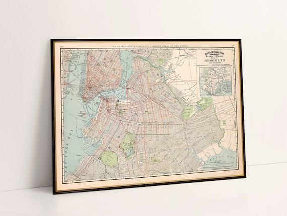 Map of Brooklyn, vintage map restored, wall map art decor, restoration style