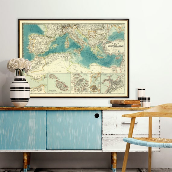 Mediterranean region map, carte de la Mer Méditerranéen, decorative large map, beach house decor, giclee fine art print