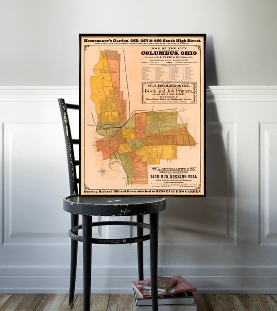 Old map of Columbus Ohio, decorative old city map print, house gift