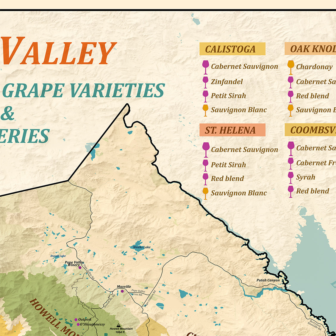 Mapa de vinos del Valle de Napa, viñedos, variedades de uva y bodegas /  Regiones AVA - Guía de viñedos de California - Etsy México, image size:1129x1129