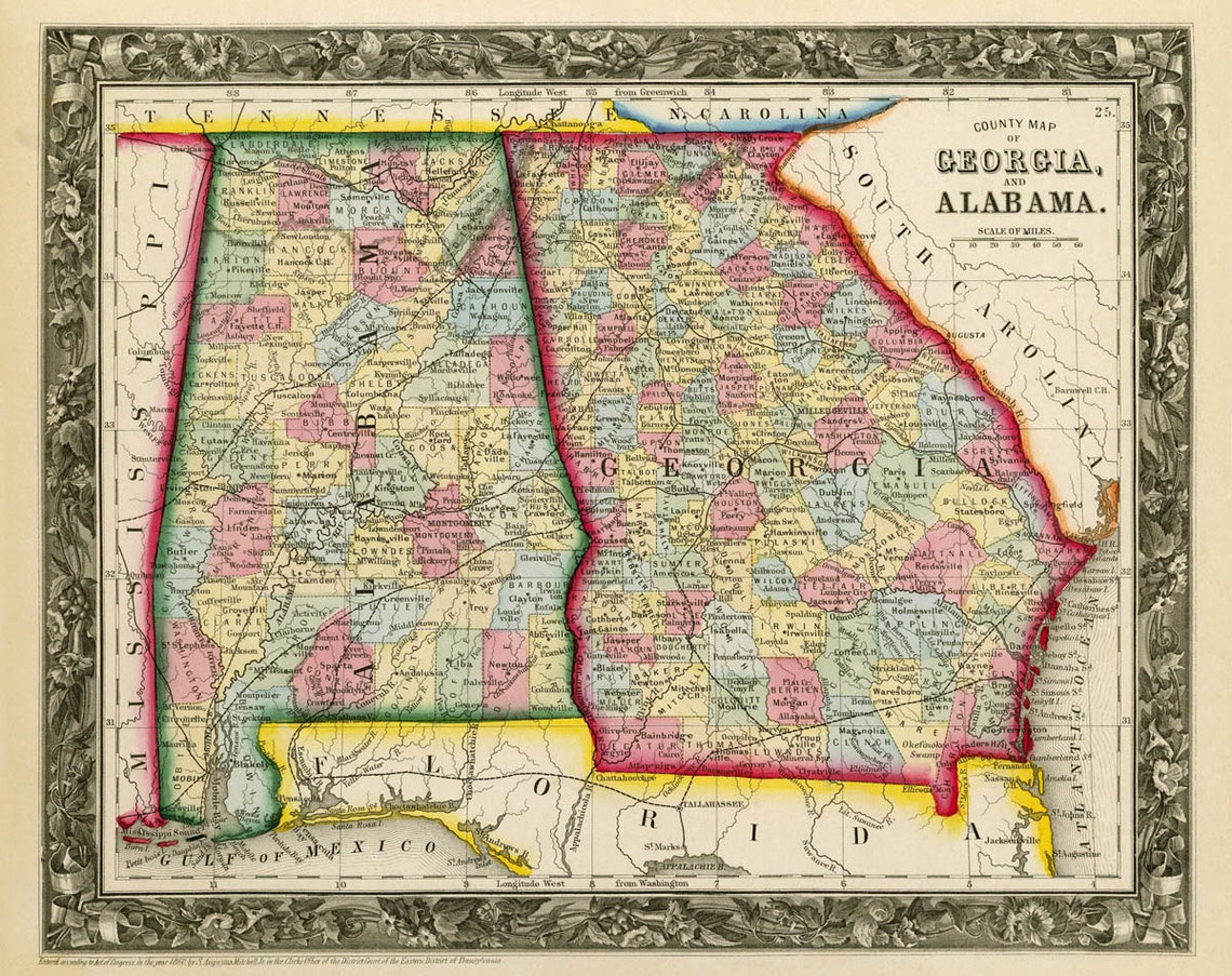 Vintage map of Alabama map from 1860 giclee print Etsy
