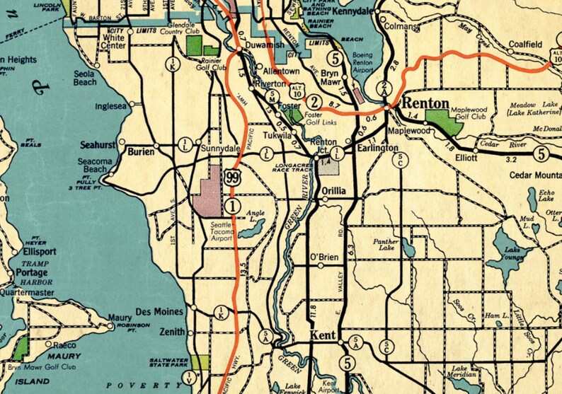 Map Show Renton Puget Sound Map From 1947, Seattle, Tacoma, Bremerton, Middle Century ...