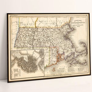 Carte décorative du Massachusetts, ancienne carte du Rhode Island, grande giclée de carte murale, imprimée sur papier ou toile
