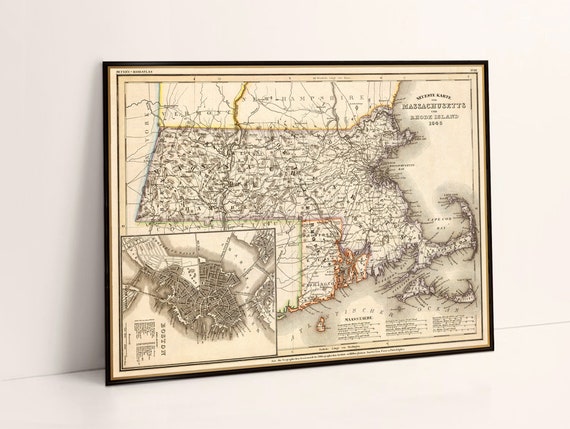 Decorative map of Massachusetts, old map of Rhode Island, large wall map giclee, printed on paper or canvas