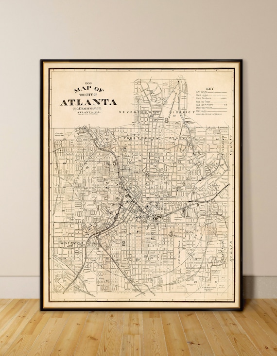 Map of Atlanta, old map restored, archival fine print, vintage map poster from 1905, large wall map decor