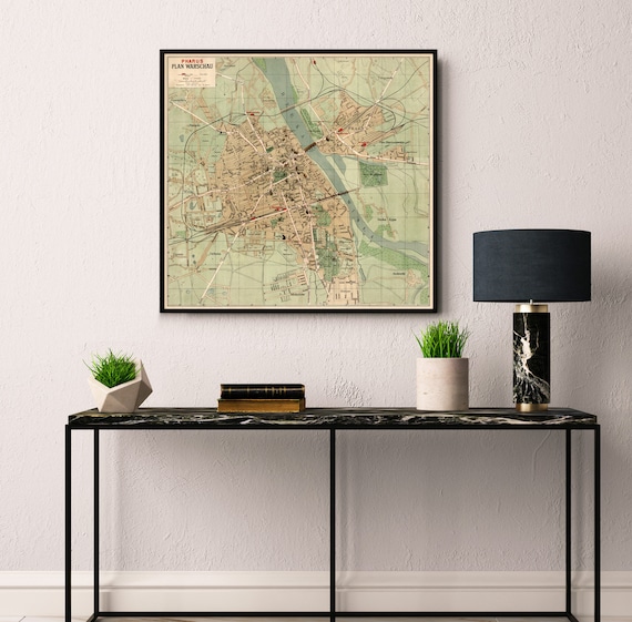 Warsaw map  - Warszawa vintage map restored - Large wall map print on canvas or paper