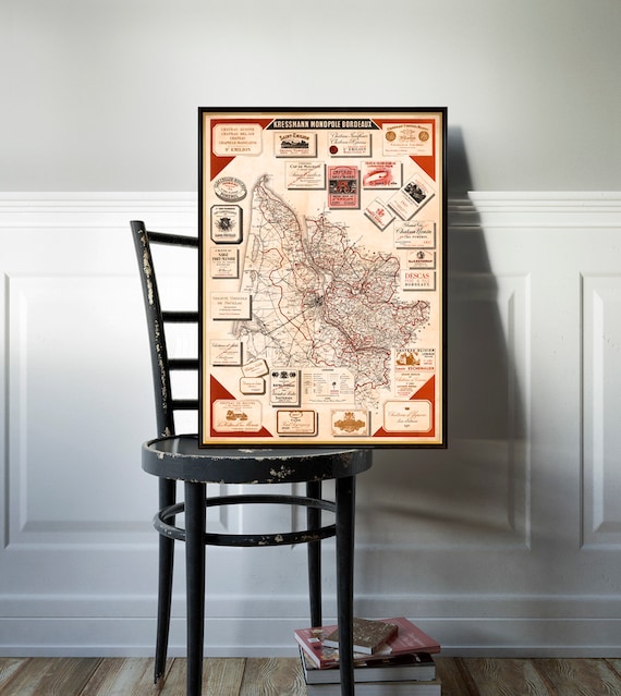 Wine map of Bordeaux area - Wonderful map for the French wines lovers , printed on paper or canvas