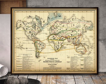 Old zoological map - Mammiferes over the globe -  Nursery wall decor - World map for children, print on paper or canvas