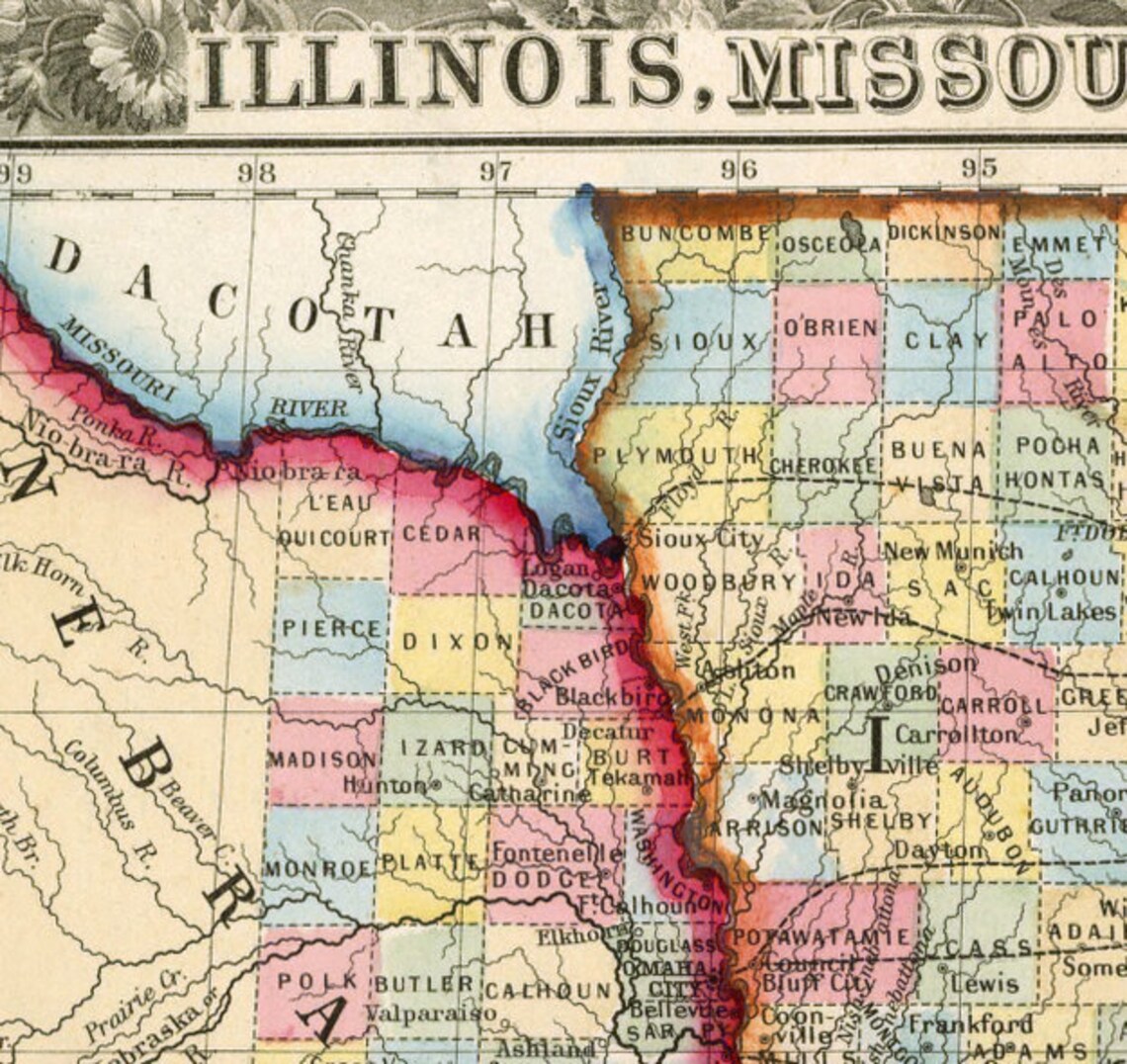 Old state map of Illinois Missouri Iowa Nebraska And Kansas Etsy