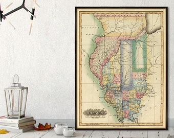 Carte de l'Illinois - Ancienne carte de l'Illinois - Reproductions restaurées de cartes historiques