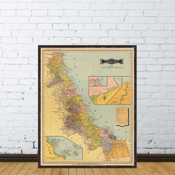 Old map of Veracruz  - Viejo Mapa de Veracruz - Vintage map print on paper or canvas