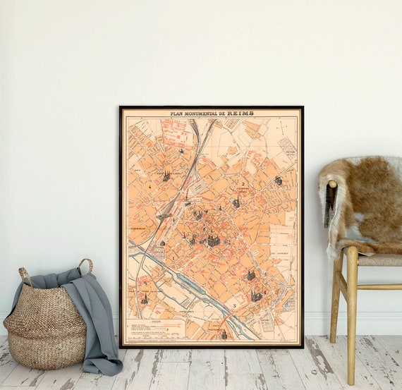 Reims map, monumental map of Reims, fine giclee print on paper or canvas, vintage style decor