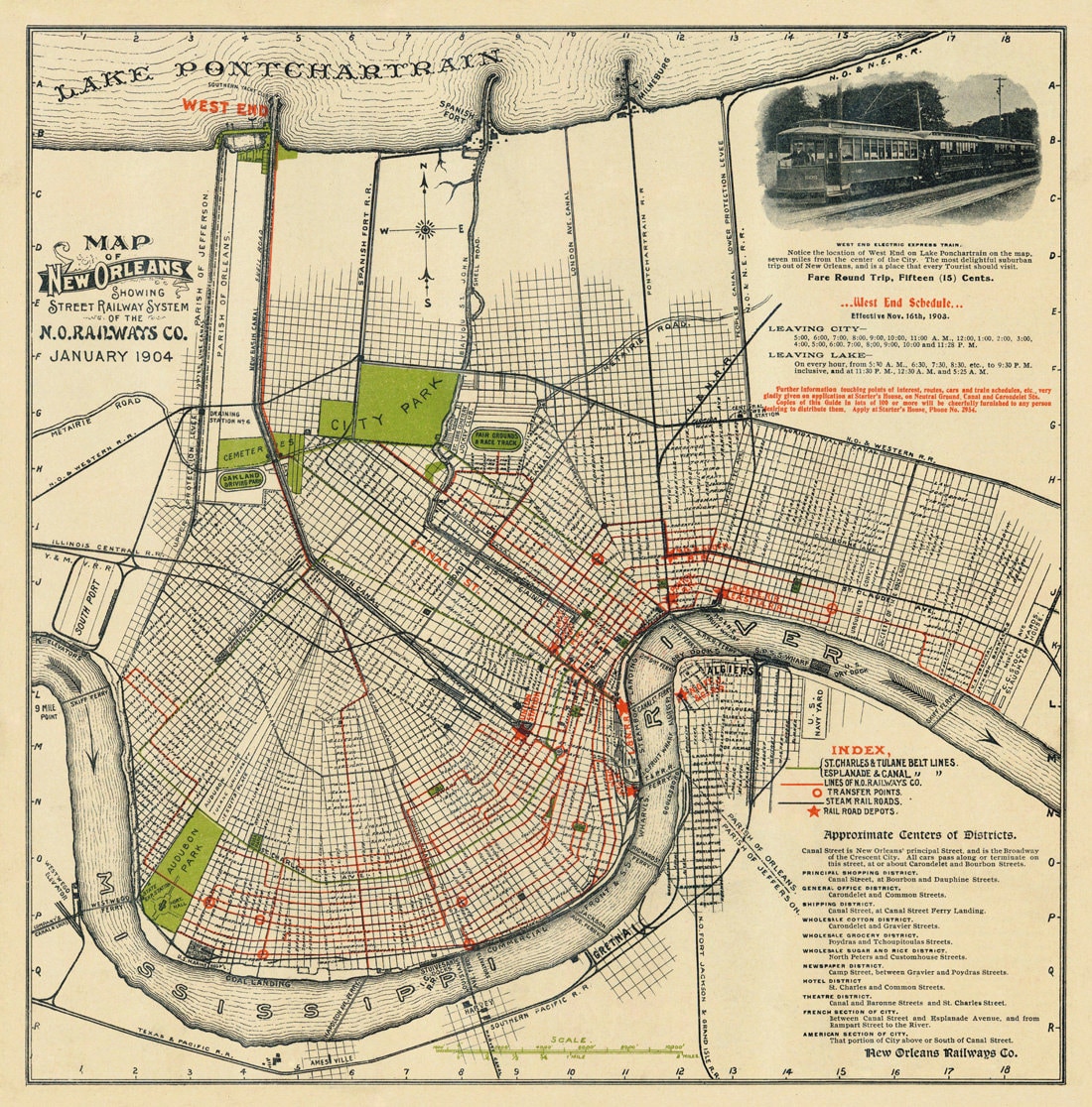 New Orleans map Old map of New Orleans showing railway system Fine