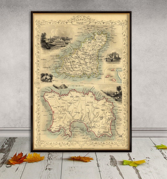 Channel Islands old map - Guernsey map - Jersey map - Historical map restored, fine print