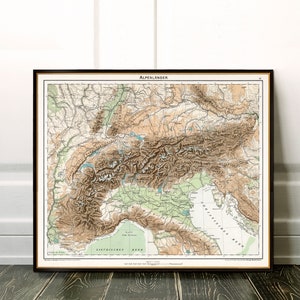 Les Alpes, carte en relief ombré, géographie des Alpes, impression de carte vintage