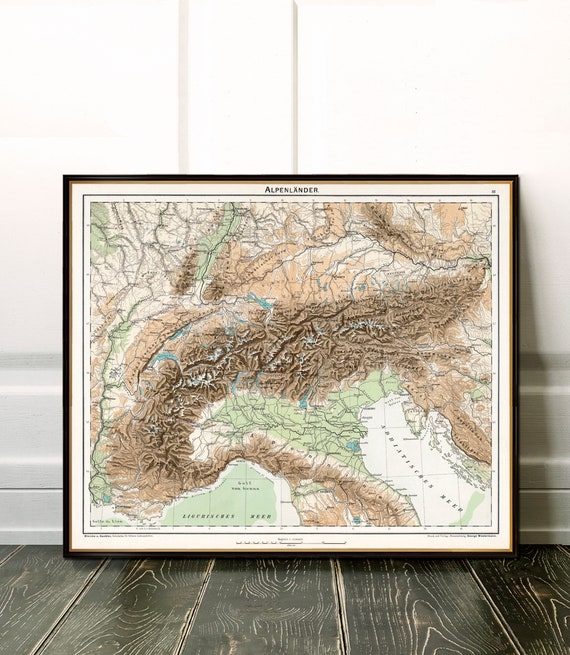 The Alps, shaded relief map, geography of The Alps, vintage map print