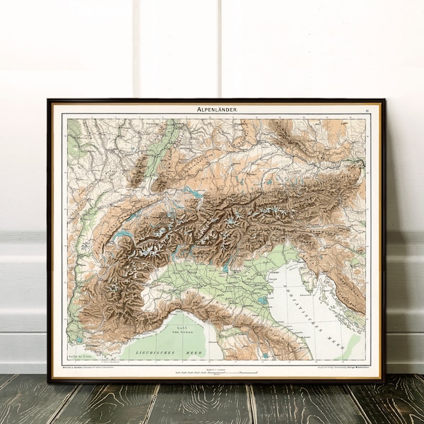 Die Alpen, Reliefkarte, Geographie der Alpen, Vintage Kartendruck