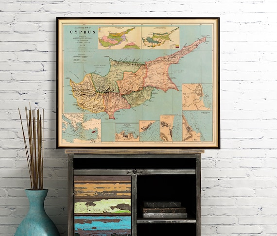 Cyprus map, historical map of Cyprus, decorative Cypriot gift, wall map decor