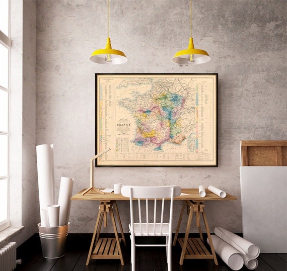 France wine map - Carte vinicole de la France, wonderful map restored, wall decor ideea