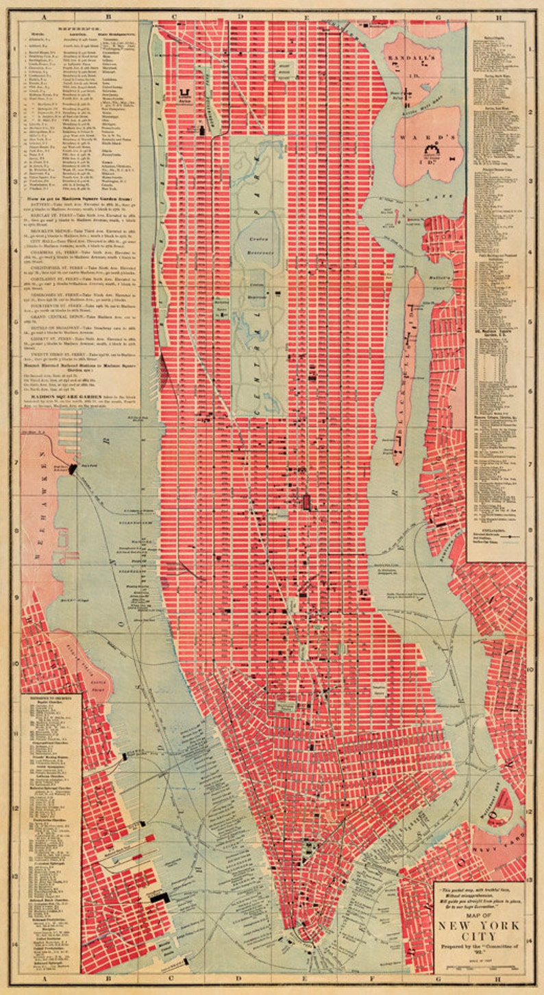 Old map of New York City from 1892, large wall map decor, colorful city map of NYC with a wonderful patina image 2