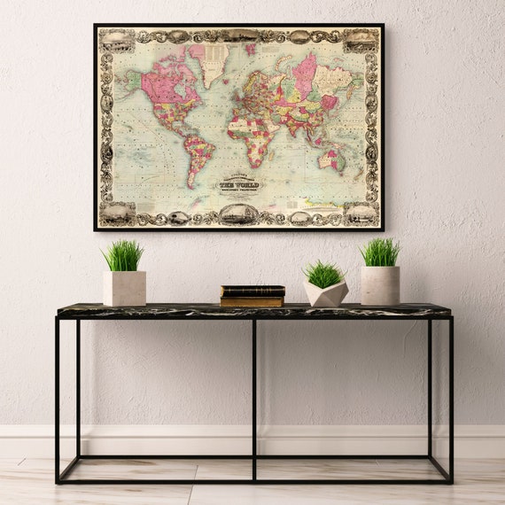 Illustrated and embelished map of The World -  Available in 1 piece or 3 sections, printed on paper or canvas