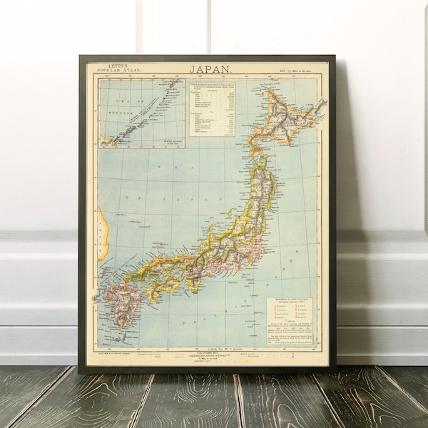 Carte du Japon - Ancienne carte du Japon, y compris l'île d'Hokkaido - Impression de carte murale sur papier ou toile
