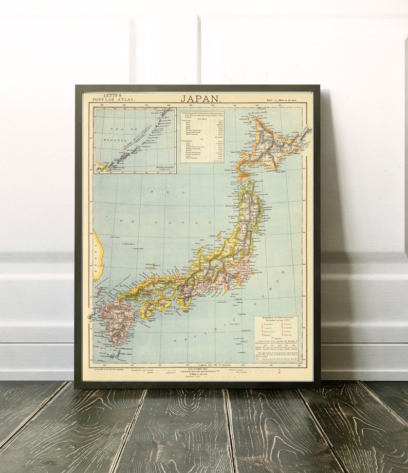 Carte du Japon - Ancienne carte du Japon, y compris l'île d'Hokkaido - Impression de carte murale sur papier ou toile image 1