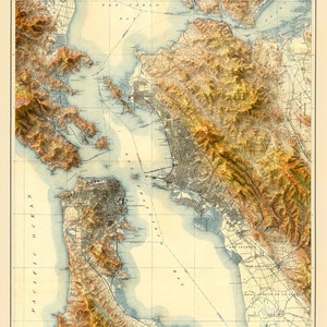 Carte topographique de la baie de San Francisco, qui redonne vie à d'anciennes cartes en ajoutant un effet de relief ombré image 2