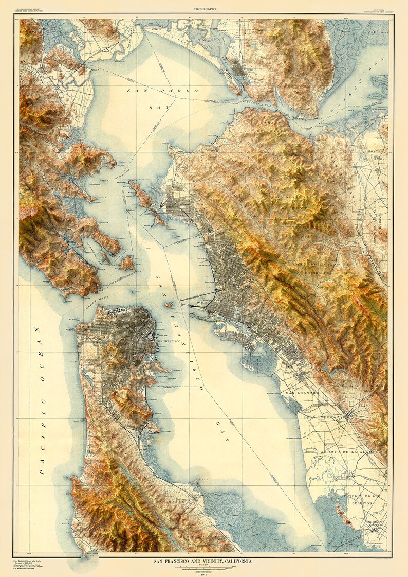 Carte topographique de la baie de San Francisco, qui redonne vie à d'anciennes cartes en ajoutant un effet de relief ombré image 2