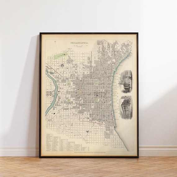 Philadelphia map from 1840, old city plan, historical map decor, vintage style decor