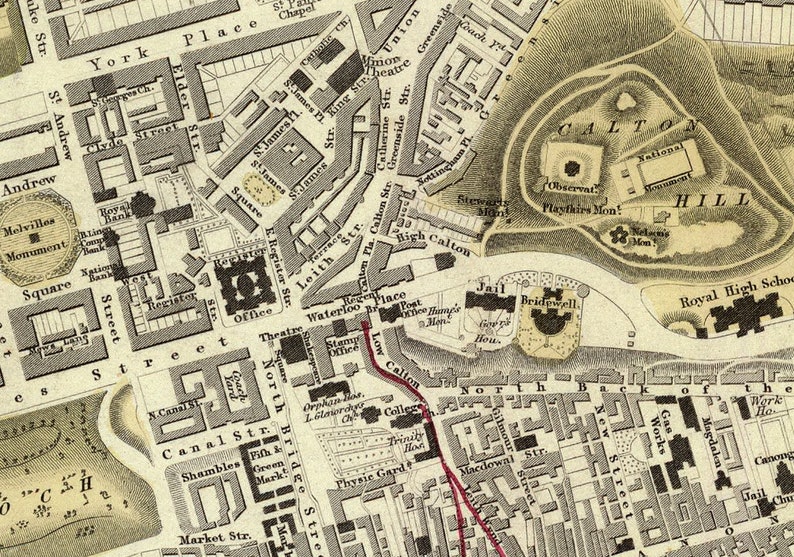 Vintage map of Edinburgh, old city map from 1843, Auld Reekie historical map image 4