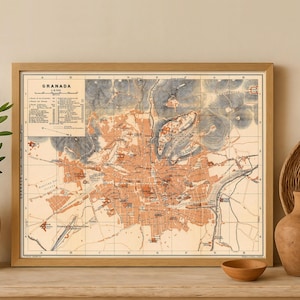 Mappa di Granada / Pianta della città vecchia / Arte cartografica spagnola / Stampa fine