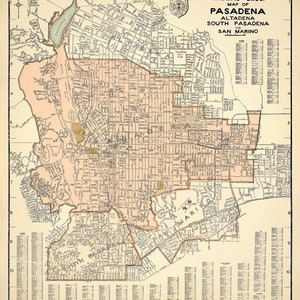 Vintage map of Pasadena, mid century city plan, wall map, restoration style house decor, map print gift idea image 2