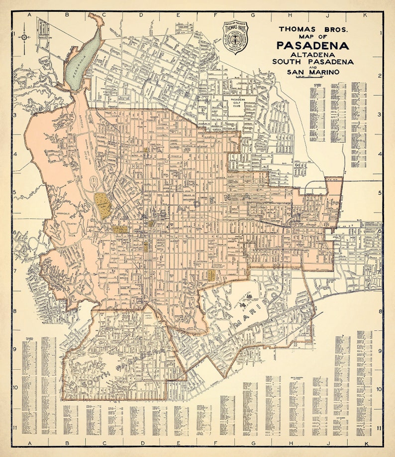 Carte vintage de Pasadena, plan de la ville du milieu du siècle, carte murale, décoration de maison de style restauration, idée cadeau impression de carte image 2