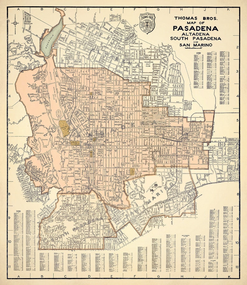 Vintage map of Pasadena, mid century city plan, wall map, restoration style house decor, map print gift idea image 2