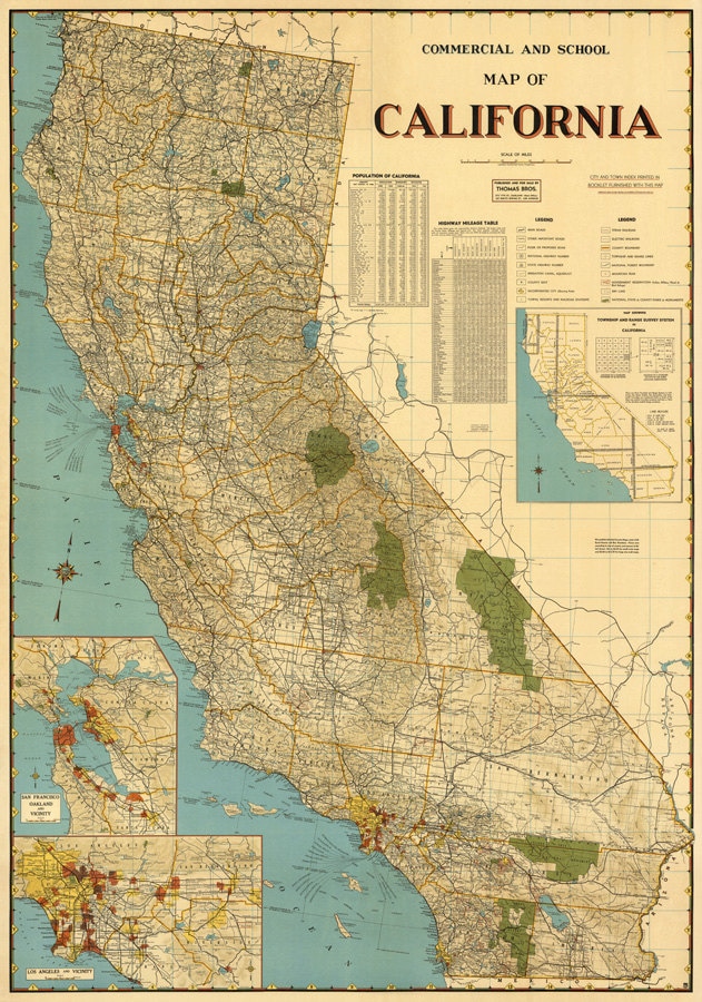 Large map of California - Vintage map archival print, detailed