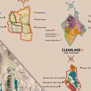 Carte des régions viticoles de Californie, régions viticoles américaines, carte détaillée, montrant toutes les régions viticoles de Californie, superbe décoration de bar/cave image 6