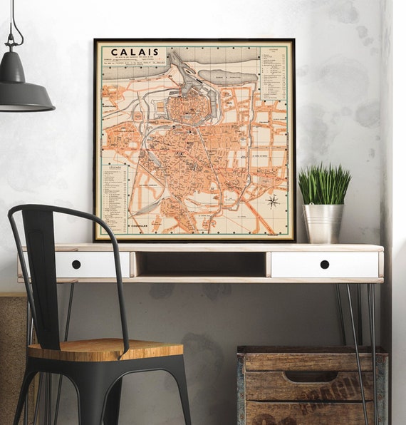 Calais map - Vintage city plan of Calais from 1950, vintage restoration decor