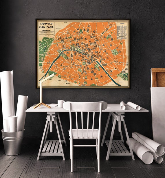 Map of Paris - Old map print  - Monumental map  - Fine giclee reproduction on paper or canvas