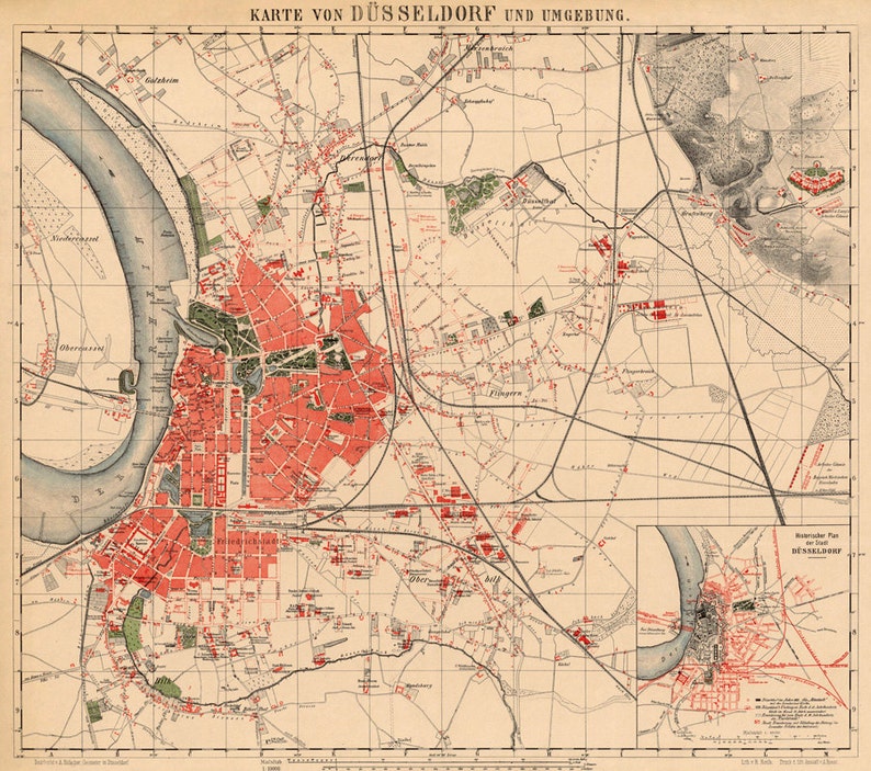 Düsseldorf Karte Old map of Dusseldorf and surroundings Fine print Alte Karte von Düsseldorf image 2