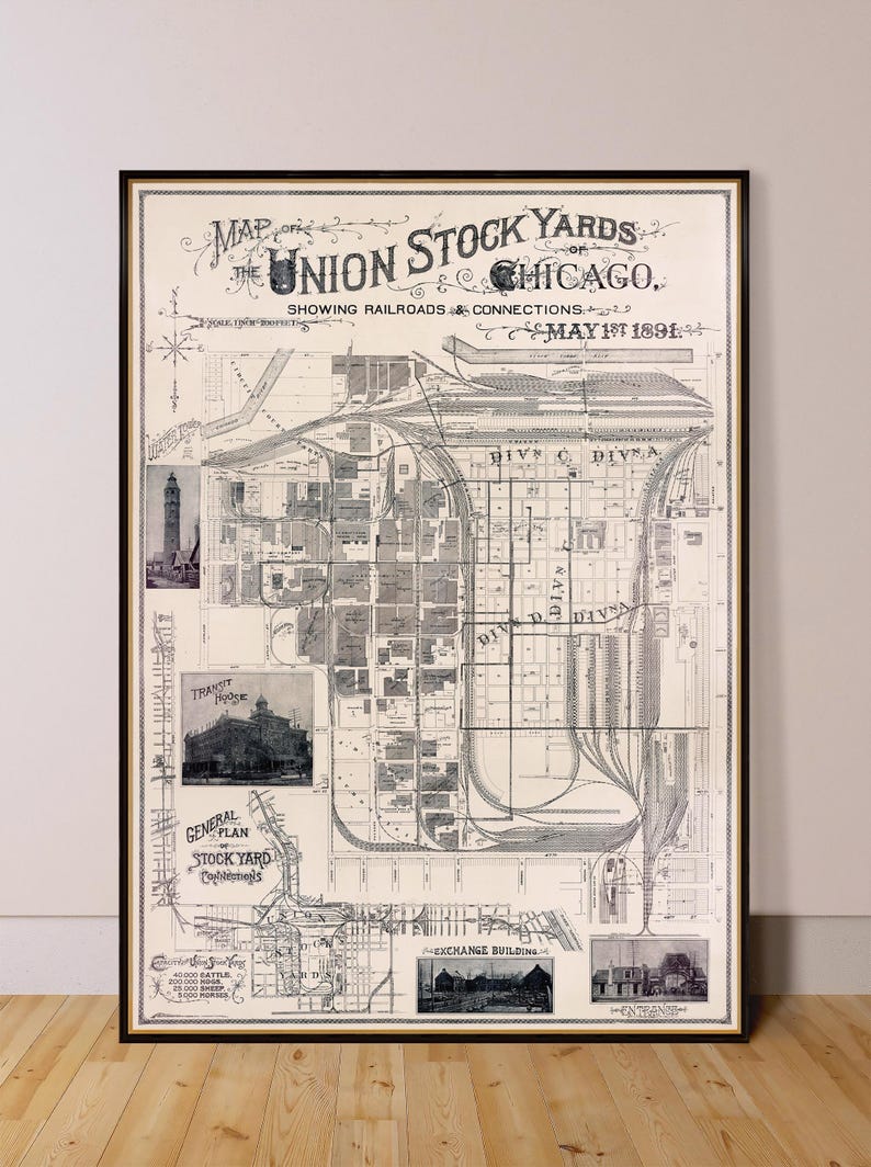 May include: A vintage map of the Union Stock Yards of Chicago, Illinois, showing railroads and connections. The map is dated May 1st, 1891.
