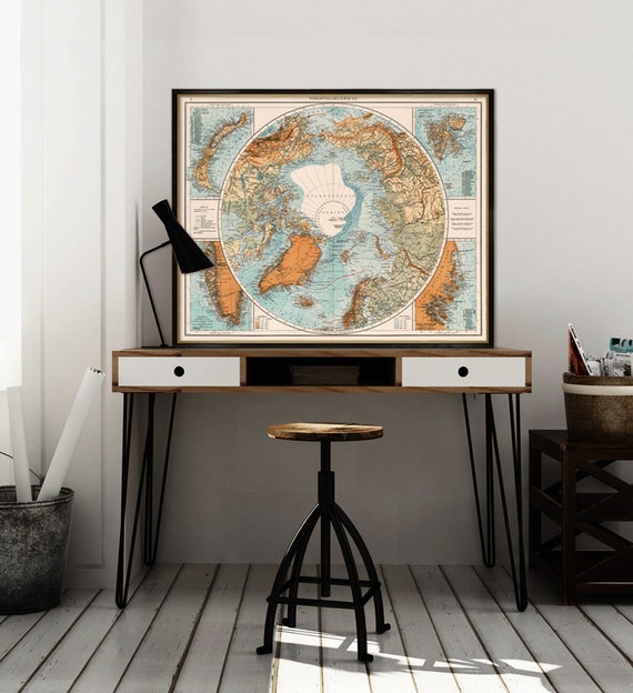 North Pole map - Vintage map of North Pole archival reproduction on paper or canvas
